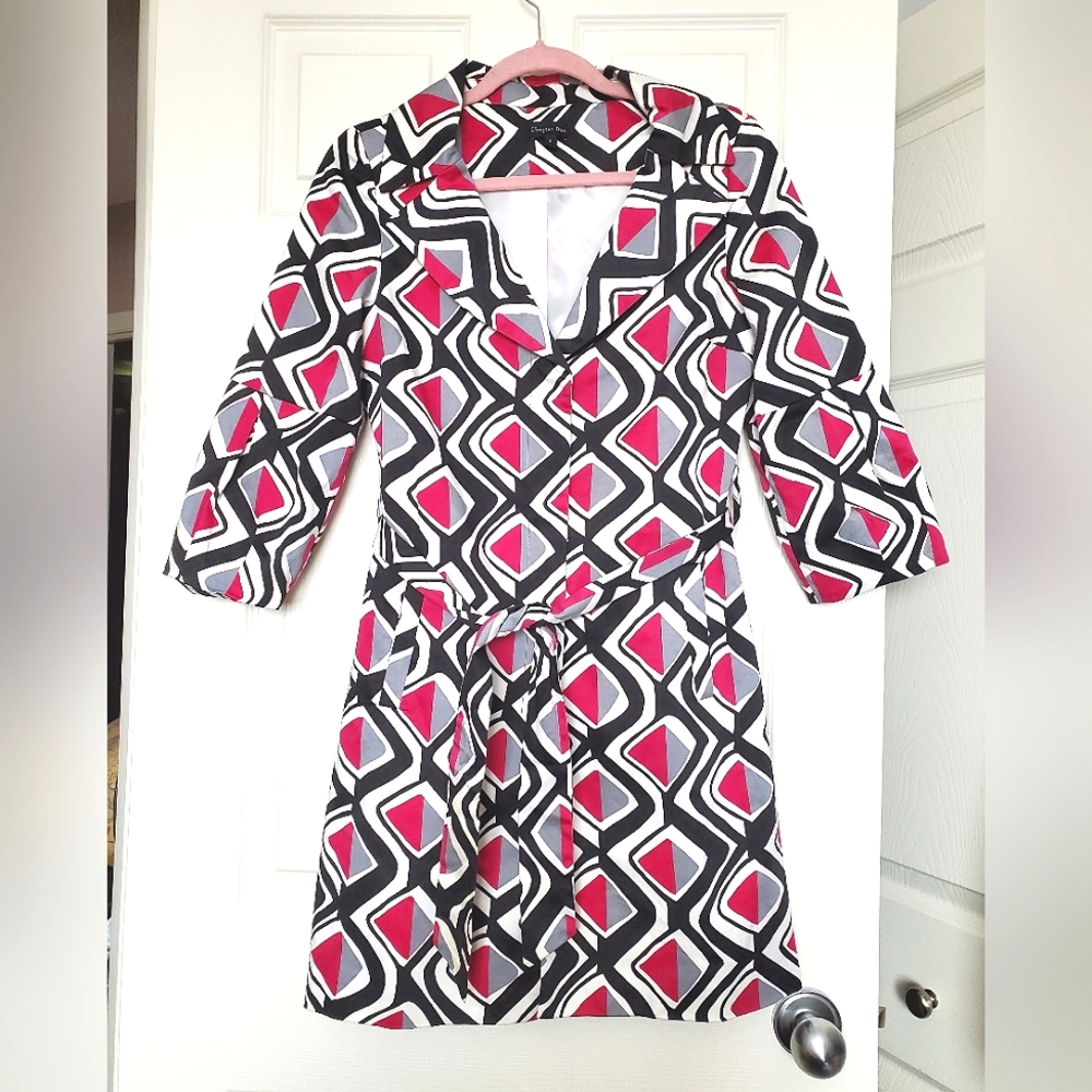Chapter One printed belted jacket cotton 3/4 sleeve black white pink 4 xs small